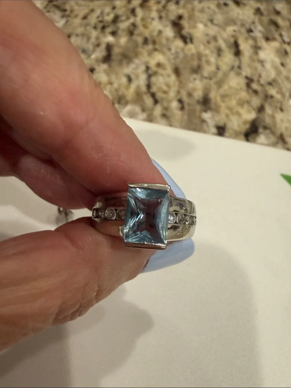925 Sterling Silver Blue Topaz Pendant, Ring with Rhinestones, Stud Earrings Set